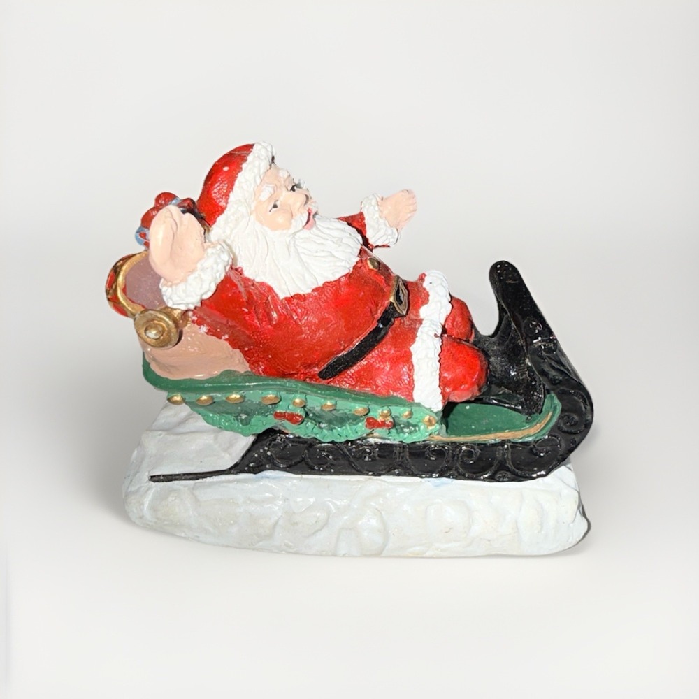 Santa On Sleigh Resin Figurine 6" Wide Christmas Holiday Decor EUC